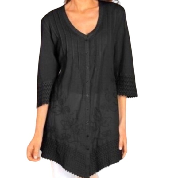 Soft Surroundings Large Black Plus Button Down Floral Embroidered Cotton Blouse - Picture 1 of 5